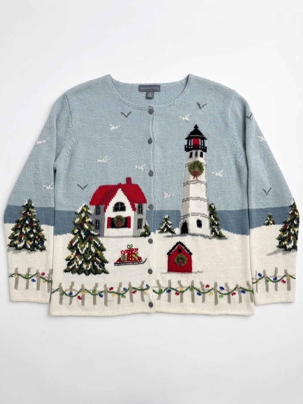 Northern Isles Christmas Lighthouse Sweater Cardigan Size Large Coastal Chic